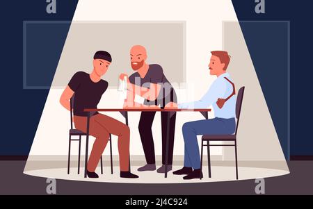 Poliziotto buono e cattivo, metodo di interrogazione criminale, detective interrogare sospettoso Illustrazione Vettoriale