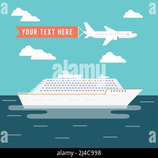 Disegno del manifesto del vettore di viaggio della nave da crociera e dell'aereo con un nave da crociera per passeggeri di grandi dimensioni in un viaggio attraverso l'oceano su una vacanza tropicale estiva e un Illustrazione Vettoriale