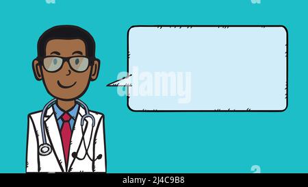 Avatar medico disegnato a mano con fumetto bolla. Illustrazione del doodle vettoriale. Illustrazione Vettoriale