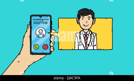 Icone disegnate a mano insieme di temi sanitari. Illustrazioni icone in bianco e nero dello stile di schizzo. Illustrazione disegnata a mano con doble colorato. Illustrazione Vettoriale