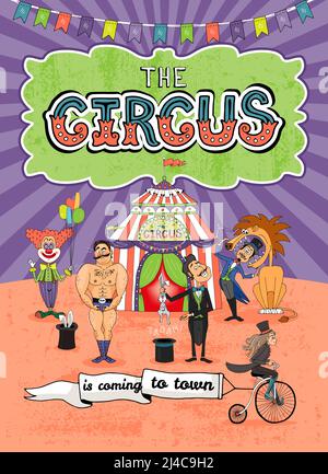 Poster vettoriale circus con vari artisti di fronte La Big Top e una simpatica scimmia a cavallo Un vintage Penny Wheeler che vola un banner - Io Illustrazione Vettoriale