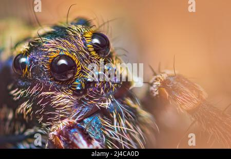 Occhi spaventosi di Spider Wolf sottile-zampe - genere Pardosa, primo piano dettaglio messa a fuoco impilata foto Foto Stock