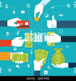 Diagramma di flusso finanziario infografico vettoriale colorato per trasferimenti di denaro e transazioni di mano in mano mentre circola attraverso l'economia e le banche Illustrazione Vettoriale