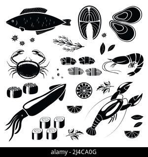 vector seafood icone sagome nere su sfondo bianco Illustrazione Vettoriale