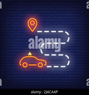 Cartello al neon della linea taxi. Cabina rossa e puntatore mappa con linea tratteggiata curva tra di essi. Pubblicità notturna brillante. Illustrazione vettoriale in stile neon per d Illustrazione Vettoriale