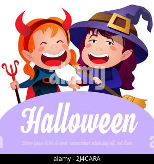 Halloween scritta con le streghe allegre. Invito o disegno pubblicitario. Testo digitato, calligrafia. Per volantini, brochure, inviti, poster o. Illustrazione Vettoriale