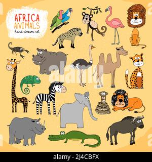 Animali dell'Africa illustrazione disegnata a mano con un hippo di elefante di giraffe rhino coccodrillo leone scimmia pappagalli bufalo serpente camaleonte iena Illustrazione Vettoriale
