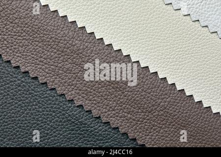 Diversi colori tessuti in pelle naturale campioni di colore grigio chiaro, marrone e beige, per lavori di design Foto Stock