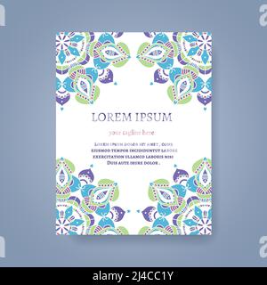Carta o invito con motivi indiani disegnati a mano. Simbolo di disegno Mandala, bianco di nozze, decorazione di fiori, illustrazione vettoriale Illustrazione Vettoriale
