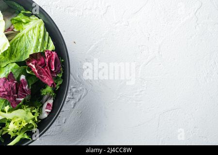 Fregio, insalata di lattuga romaine e Radicchio, su sfondo bianco, vista dall'alto piatto con spazio per la copia del testo Foto Stock