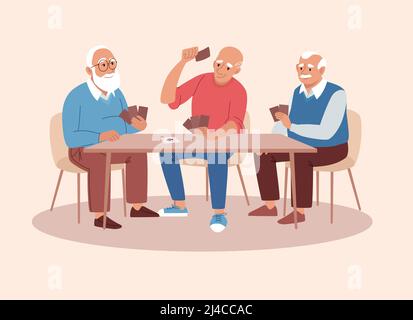 Gli uomini anziani hanno divertimento giocando giochi da tavolo di carte. Le persone in età pensionabile trascorrono del tempo insieme giocando a poker. Incontri serali degli amici. Illustrazione vettoriale piatta Illustrazione Vettoriale