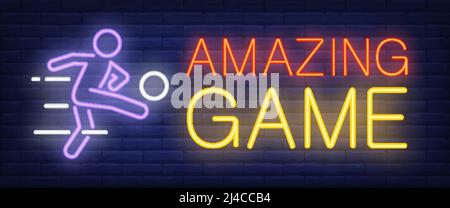 Incredibile cartello al neon. Calcio giocatore calcia palla su sfondo muro mattoni. Illustrazione vettoriale in stile neon per barre sportive e canali Illustrazione Vettoriale