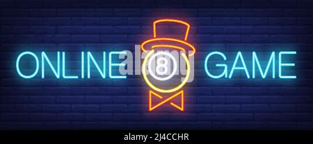 Gioco online neon testo con palla in cappello. Biliardo club e pubblicità design. Insegna al neon notturna, cartellone colorato, banner chiaro. Vettore illu Illustrazione Vettoriale