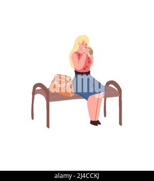 Personaggio cartoon piatto seduto su panchina, concetto di illustrazione vettoriale pausa pasto Illustrazione Vettoriale