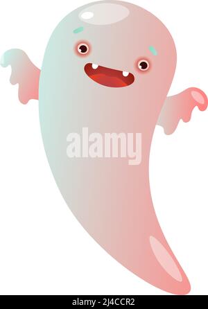 Fantasma divertente che vola e ti spaventa. Fumetto, personaggio, fantasma. Concetto di Halloween. Può essere utilizzato per biglietti d'auguri, poster, opuscoli e brochure Illustrazione Vettoriale