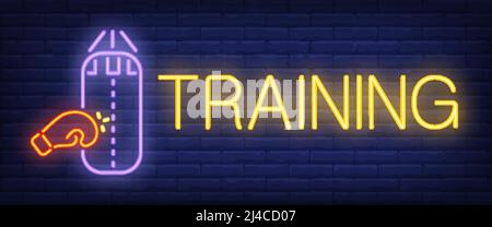 Testo al neon da training con guanto da boxe e sacchetto da punzonatura. Boxing club e pubblicità design. Insegna al neon notturna, cartellone colorato, banner chiaro. Illustrazione Vettoriale