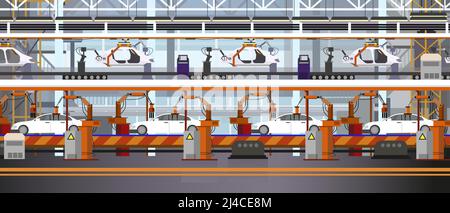 Illustrazione del vettore della linea di assemblaggio dell'auto. Produzione automatizzata di automobili. Concetto di industria automobilistica. Per siti Web, sfondi, poster o banner. Illustrazione Vettoriale