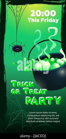 Trick o trattare Party questo Venerdì lettere. Ragno e cavoldro con pozione verde bollente. Invito a un evento di vacanza. Concetto di Halloween. Vettore illustraz Illustrazione Vettoriale