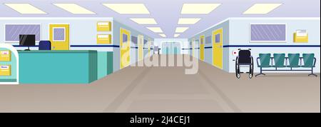 Hall dell'ospedale con reception, porte nel corridoio e sedie illustrazione vettoriale. Interno della clinica. Concetto di ospedale. Per siti Web, sfondi, poster o Illustrazione Vettoriale