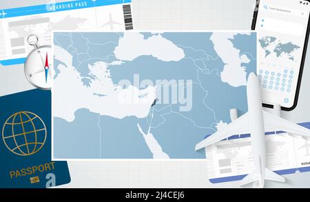 Viaggio in Libano, illustrazione con una mappa del Libano. Sfondo con aeroplano, cellulare, passaporto, bussola e biglietti. Mockup vettoriale. Illustrazione Vettoriale