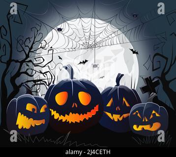 Jack o lanterne e cobbweb con ragni contro moonlight illustrazione vettoriale. Halloween notte sfondo. Concetto di vacanza. Per siti Web, sfondi, Illustrazione Vettoriale