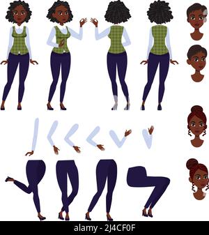 Set di icone piatte di signora nera. Vista, pose e acconciature collezione. Giovane afroamericana concetto donna. L'illustrazione vettoriale può essere utilizzata per gli argomenti Illustrazione Vettoriale