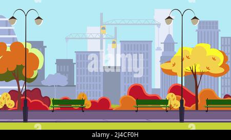 Parco della città autunnale con alberi, cespugli, panchine, lanterne e grattacieli sullo sfondo. Paesaggio urbano, area ricreativa. Illustrazione vettoriale di stile piatto. Per Illustrazione Vettoriale