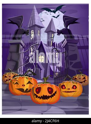 Casa infestata con cancello e zucche vettore illustrazione. Sfondo notte viola di Halloween. Concetto di vacanza. Per siti Web, sfondi, banner o POS Illustrazione Vettoriale