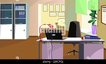 Scrivania da ufficio con computer portatile e cartelle illustrazione vettoriale. Gli amministratori si trovano in una stanza con armadi e divani nello spazio d'attesa. Concetto di area di lavoro Illustrazione Vettoriale