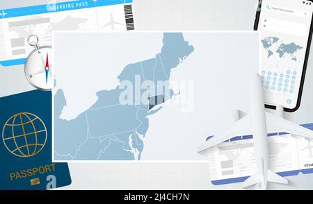 Viaggio nel Connecticut, illustrazione con una mappa del Connecticut. Sfondo con aeroplano, cellulare, passaporto, bussola e biglietti. Mockup vettoriale. Illustrazione Vettoriale