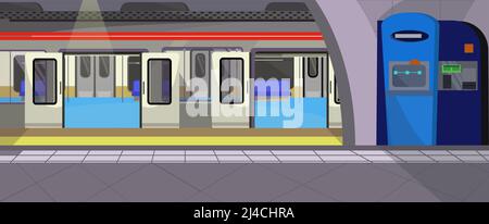 Illustrazione del vettore della fermata della metropolitana. Moderna stazione della metropolitana con cabina di controllo e treno vuoto. Illustrazione della metropolitana Illustrazione Vettoriale