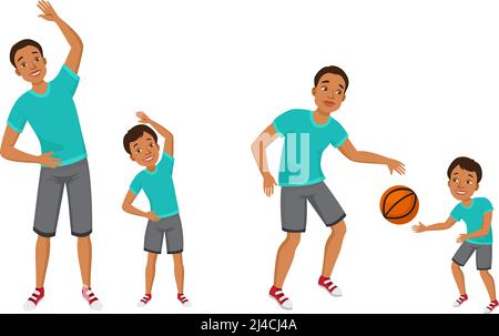 Giovane uomo e ragazzo in abiti sportivi godendo di allenamento del corpo. Padre e figlio che giocano a basket, esercizi mattutini. L'illustrazione vettoriale può essere utilizzata per f Illustrazione Vettoriale