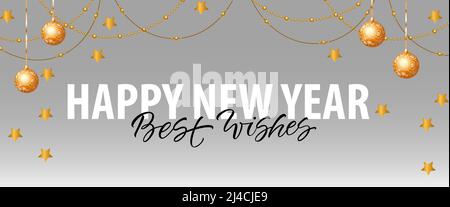 Felice anno nuovo, migliore scritta di auguri con decorazioni. Biglietto di auguri per il Capodanno. Testo scritto a mano e digitato, calligrafia. Per opuscoli, brochure, Illustrazione Vettoriale