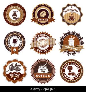 Etichette per emblemi nostalgici della migliore qualità del caffè premium collezione in vendita illustrazione vettoriale isolata astratta vintage marrone Illustrazione Vettoriale