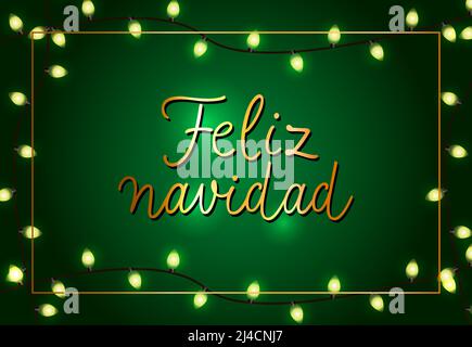 Feliz Navidad poster design festivo. Ghirlande di Natale e cornice su sfondo verde. Il modello può essere utilizzato per striscioni, biglietti d'auguri, volantini Illustrazione Vettoriale