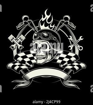 Emblema di motociclista vettoriale con cranio o motociclista morto. Speed Biker, pilota e chiave a croce e bandiera Illustrazione Vettoriale