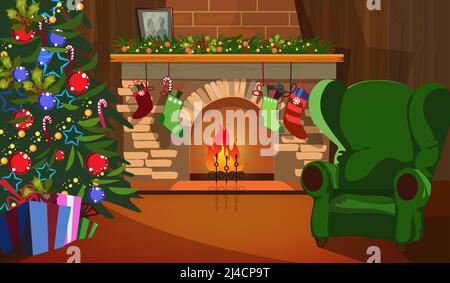 Interni decorati di Natale con abeto, camino e calze. Camera con abeto decorato e illustrazione vettoriale dei regali. Concetto della vigilia di Natale. FO Illustrazione Vettoriale