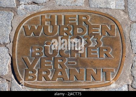 La targa commemorativa del libro che brucia, commemora l'incendio di libri nel 1933 sulla Schlossplatz da parte dei nazisti, Erlangen, Franconia media, Baviera Foto Stock