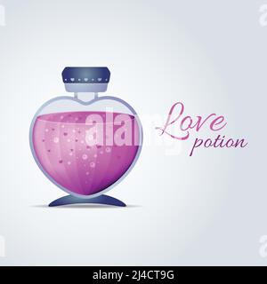 Flacone con liquido rosa a forma di cuore. Carte Love Potion per San Valentino. Illustrazione vettoriale Illustrazione Vettoriale