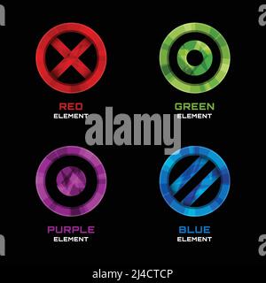 Elementi di design con logo a cerchio, a croce e a punti. Blu e rosso, viola e verde. Illustrazione vettoriale Illustrazione Vettoriale