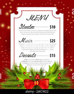 Menu di Natale design creativo. Iscrizioni di menu in cornice bianca con filone verde, nastro su sfondo rosso con scintille. Può essere utilizzato per il menu caffè, Illustrazione Vettoriale