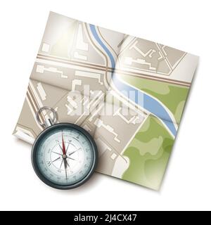 Bussola tascabile Vector retro Metal con vista dall'alto della mappa da viaggio isolato su sfondo bianco Illustrazione Vettoriale