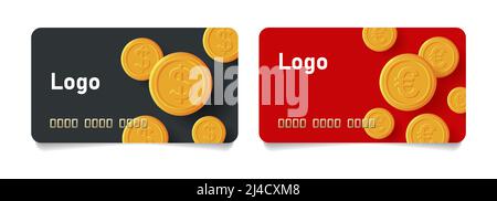 Set di carte di credito modello con monete d'oro in dollari e euro su sfondo nero e rosso. Illustrazione vettoriale isolata Illustrazione Vettoriale