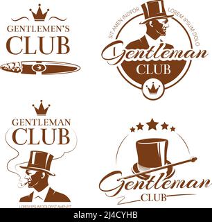 Emblemi vettoriali, etichette, distintivi per club gentiluomo d'epoca. Illustrazione uomo di moda, classico d'elite Illustrazione Vettoriale