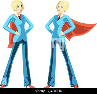 Donna di affari sicura. Red cape, supereroe femminile, superdonna e potere di successo coraggio, illustrazione vettoriale Illustrazione Vettoriale