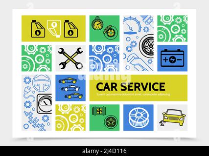 Modello infografico per la manutenzione della vettura con batteria del tachimetro con disco del freno a olio chiavi pneumatici, ruote, ruote, ammortizzatori, icone della linea ingranaggi del radiatore vettore Illustrazione Vettoriale