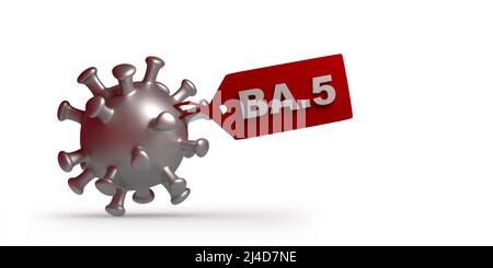 Breaking News: Omicron BA.5 sub-variante del coronavirus SARS-cov-2. 3D rendering cella di batteri Covid-19, tag nome, spazio di copia. Immagine della funzione tracciato di ritaglio Foto Stock