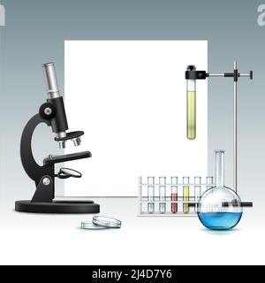 Microscopio ottico Vector in metallo nero con capsula di Petri in vetro trasparente, matraccio, provette con liquido rosso verde, stativo da laboratorio e isola copyspace Illustrazione Vettoriale