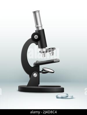 Microscopio ottico Vector in metallo nero con vista laterale della capsula di Petri isolato sullo sfondo Illustrazione Vettoriale
