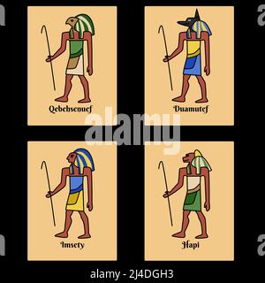 Antico Egitto carte set, dio figli Horus stilizzato immagini e nomi script. Quattro dei jackal, falco, uomo, cinocephalus. Vasi canopici guardiani vettore i Illustrazione Vettoriale